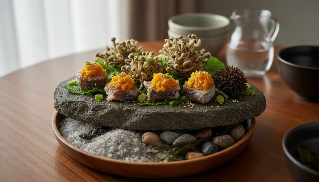 미더덕 성게알 모방 & 돌 위 바다향 연출 요리