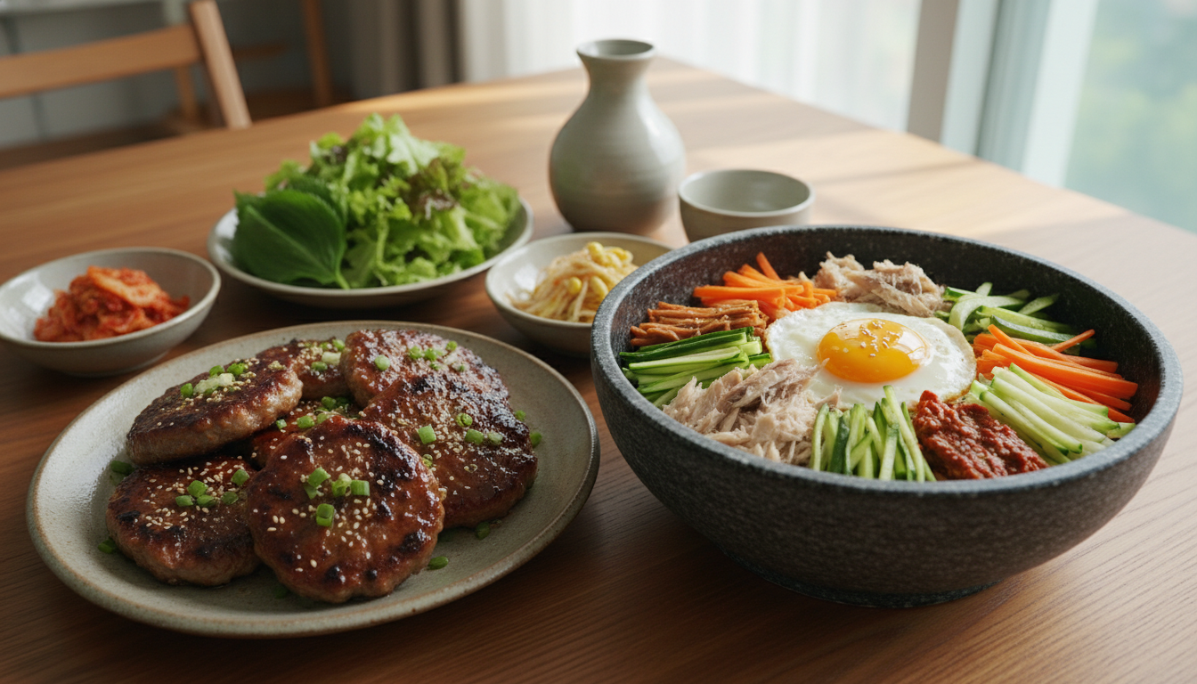 한국의 현대 주안상 (숯불 훈연 떡갈비 & 고등어 비빔밥)