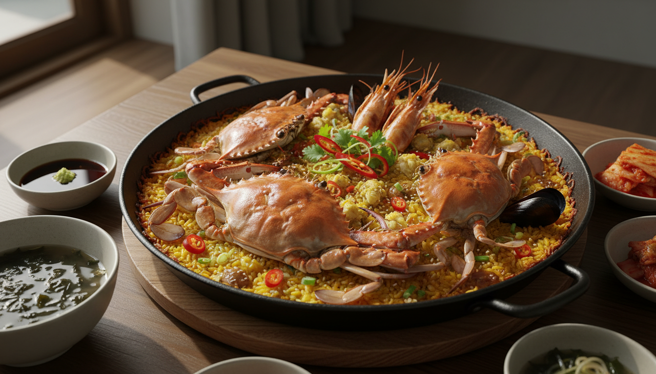 숯불구이 활꽃게 꽃게밥(파에야 스타일)